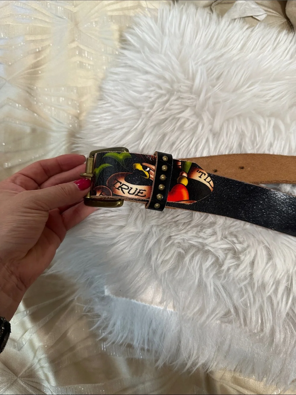 Ed Hardy Black Belt with Cream Logo and Multicolor Tiger Graphic